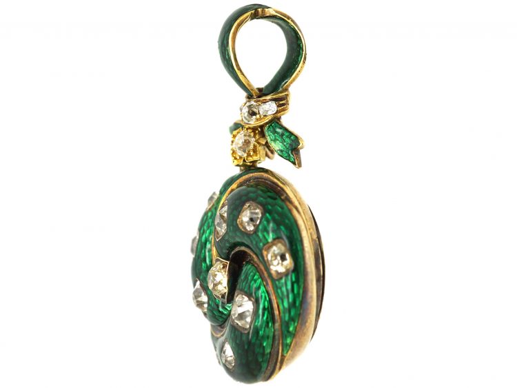 Victorian 18ct Gold, Green Enamel & Diamond Pendant in Original Case