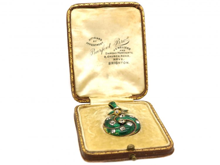 Victorian 18ct Gold, Green Enamel & Diamond Pendant in Original Case