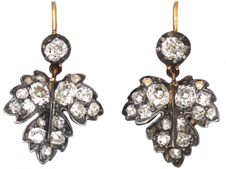 Early Victorian Leaf Earrings set with Old Mine Cut Diamonds