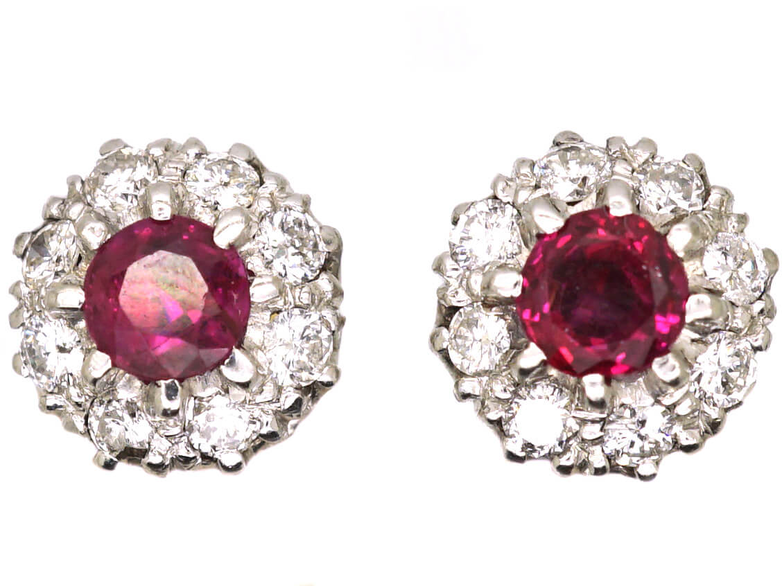 Mid 20th Century 18ct White Gold, Ruby & Diamond Cluster Earrings (255W ...