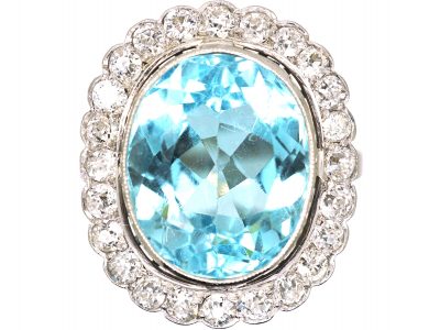 Early 20th Century Large Platinum Aquamarine & Diamond Cluster Ring