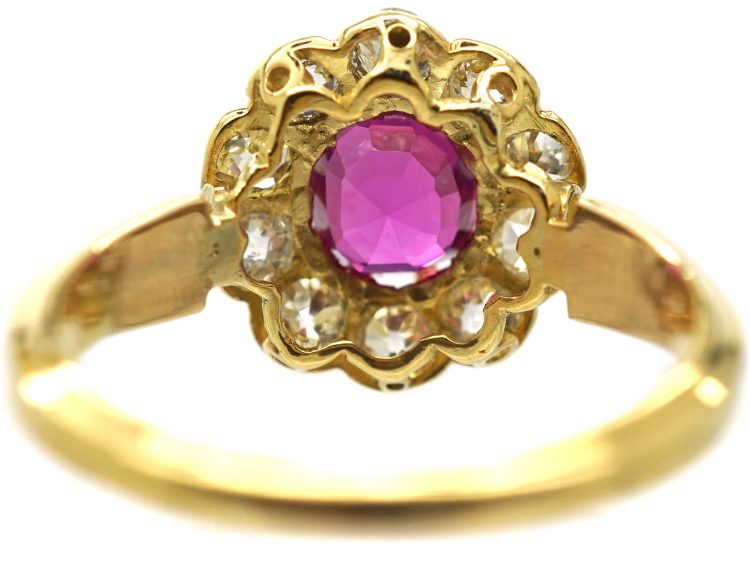 Edwardian 18ct Gold, Pink Sapphire & Diamond Cluster Ring