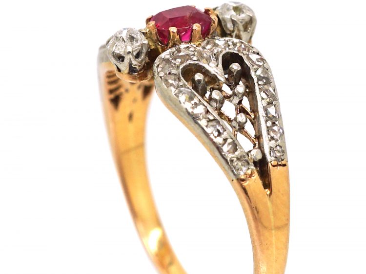 Early 20th Century 14ct Gold & Platinum, Ruby & diamond Hearts Ring