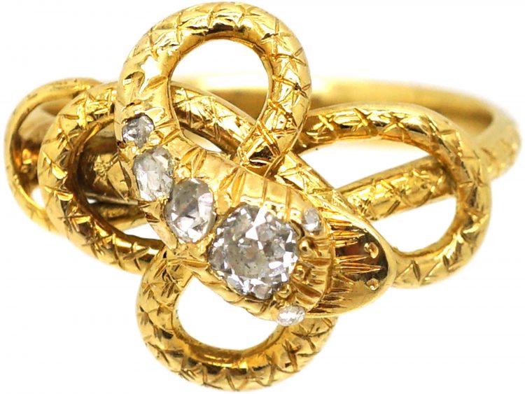 Victorian 18ct Gold Coily Snake Ring set with Diamonds