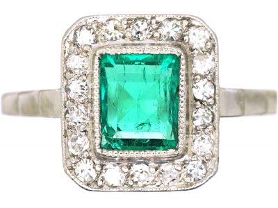 Art Deco Platinum. Emerald & Diamond Rectangular Shaped Ring
