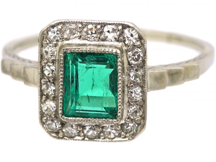 Art Deco Platinum. Emerald & Diamond Rectangular Shaped Ring