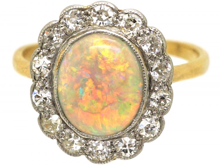 Edwardian 18ct Gold & Platinum, Opal & Diamond Cluster Ring