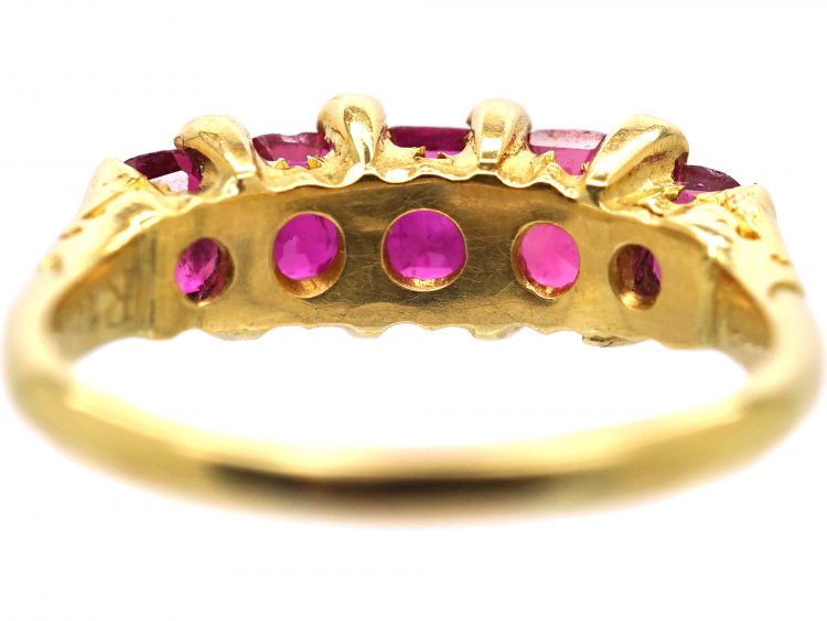 Victorian 18ct Gold Five Stone Ruby Ring with Diamond Points