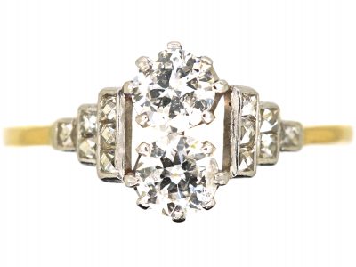 Art Deco 18ct Gold & Platinum Two Stone Diamond Ring with Diamond Set Step Cut Shoulders