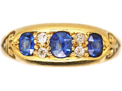 Victorian Three Stone Sapphire Ring with Diamonds In Between