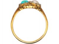 Victorian 18ct Gold Double Heart Ring set with a Natural Pearl & Turquoise with Rose Diamond Detail