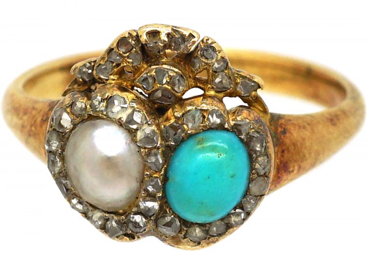 Victorian 18ct Gold Double Heart Ring set with a Natural Pearl & Turquoise with Rose Diamond Detail
