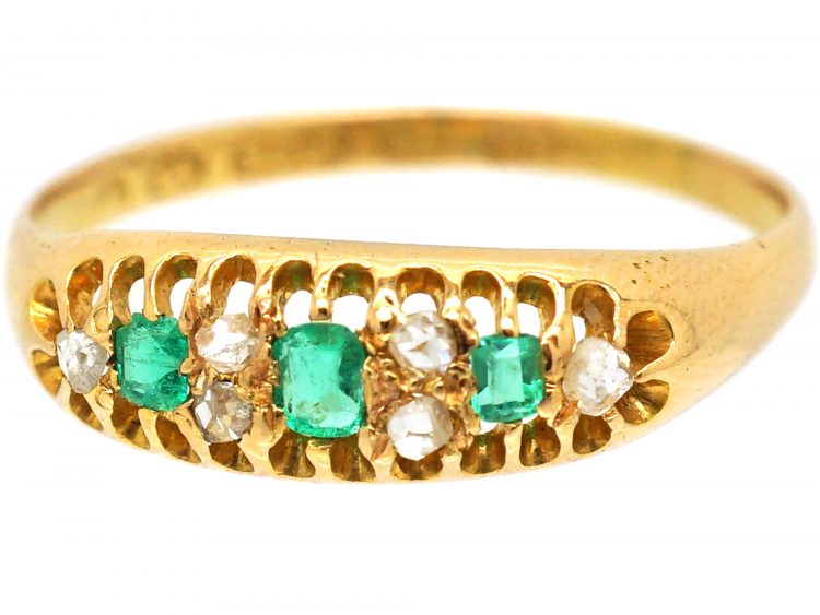 Victorian 18ct Gold, Emerald Three Stone Ring with Rose Diamonds In Between