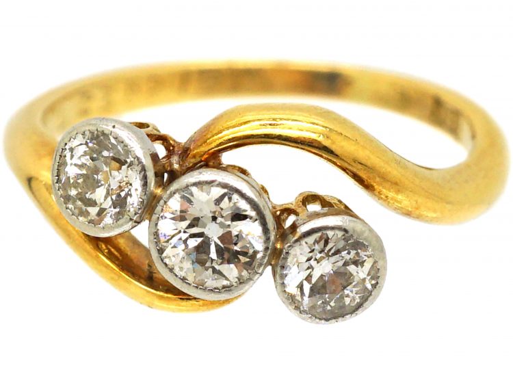 Edwardian 18ct Gold Three Stone Diamond Crossover Ring