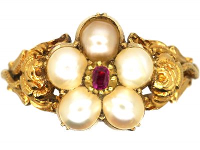 Regency 15ct Gold Cluster Ring set with Natural Split Pearls & a Ruby with Rose Detail on the Shoulders