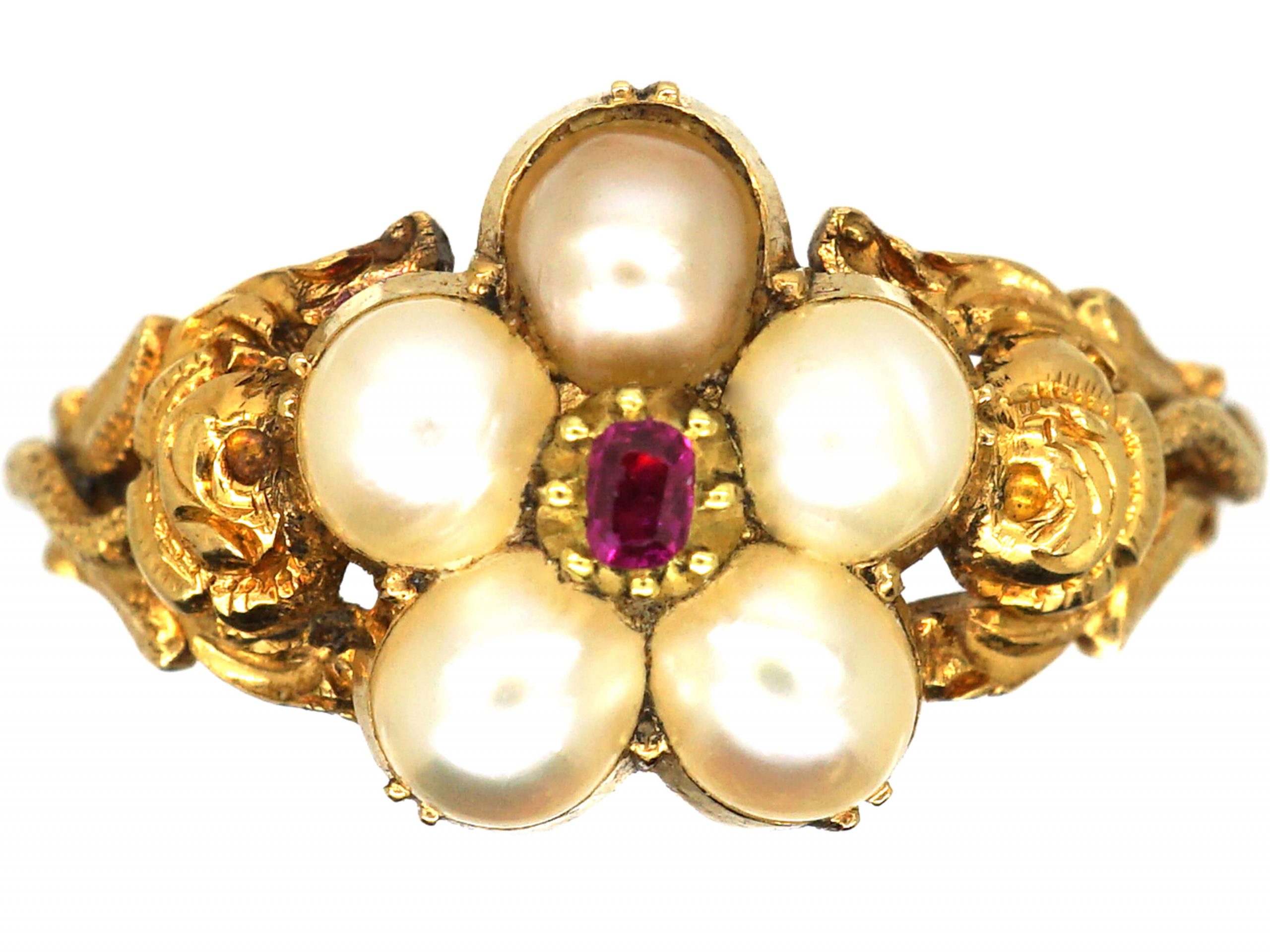 Regency Style Rings Regency 15ct Gold Cluster Ring set with Natural Split Pearls & a Ruby ...
