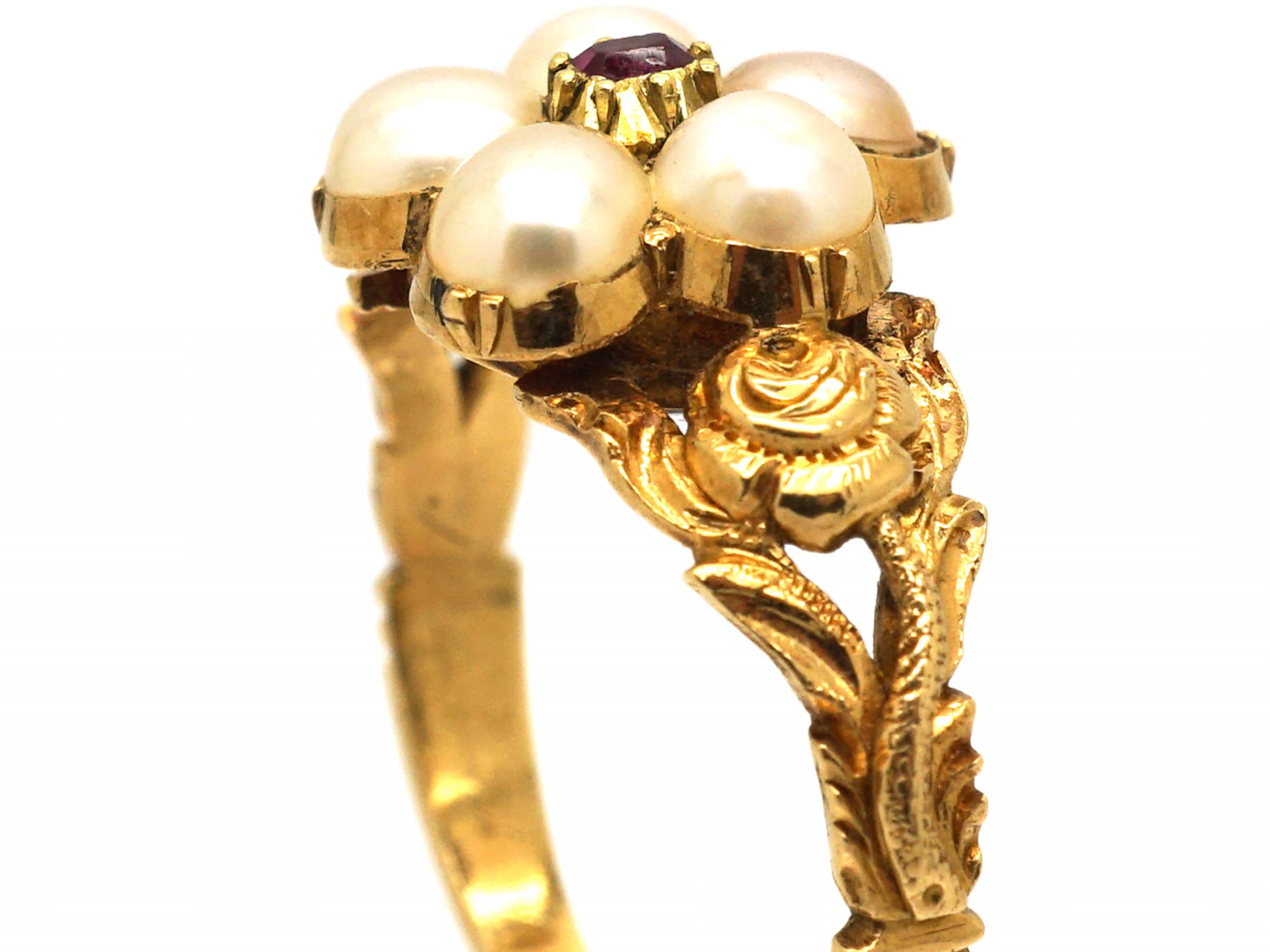 Regency Style Rings Regency 15ct Gold Cluster Ring set with Natural Split Pearls & a Ruby ...