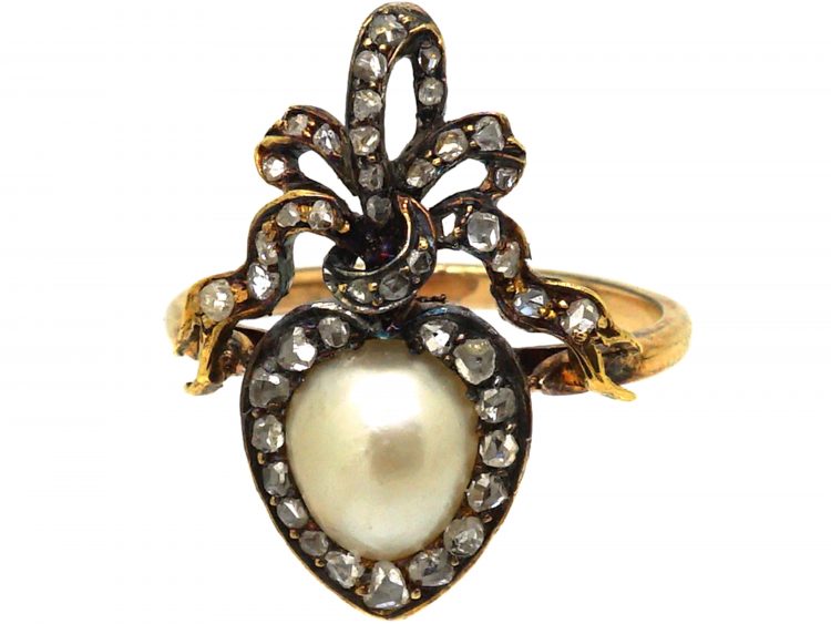 Victorian 18ct Gold Heart Shaped Ring with Bow Above set with a Natural Pearl & Rose Diamonds