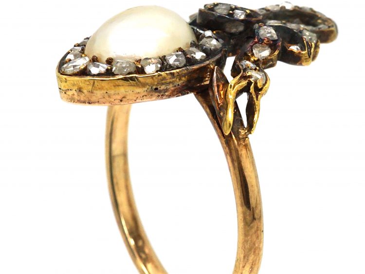 Victorian 18ct Gold Heart Shaped Ring with Bow Above set with a Natural Pearl & Rose Diamonds