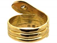 Victorian 18ct Gold Wide Snake Ring with Diamond Set Head & Eyes