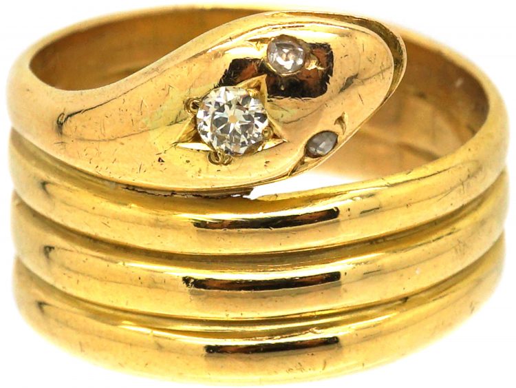 Victorian 18ct Gold Wide Snake Ring with Diamond Set Head & Eyes