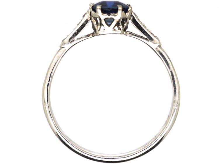 Art Deco Platinum Ring Set with a Square Sapphire with Diamond Set Shoulders