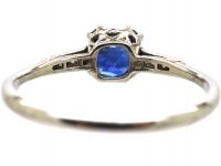 Art Deco Platinum Ring Set with a Square Sapphire with Diamond Set Shoulders