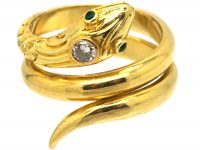 Early 20th Century 14ct Gold Snake Ring with a Diamond in it's Head & Emerald Eyes