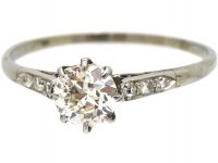 Art Deco 18ct White Gold, Diamond Solitaire Ring with Diamond Set Shoulders