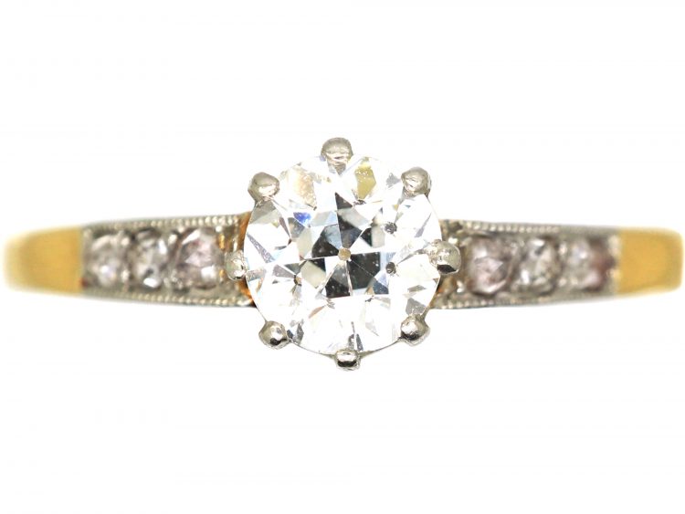 Early 20th Century 14ct Gold & Platinum, Diamond Solitaire Ring with Diamond Set Shoulders