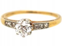 Early 20th Century 14ct Gold & Platinum, Diamond Solitaire Ring with Diamond Set Shoulders