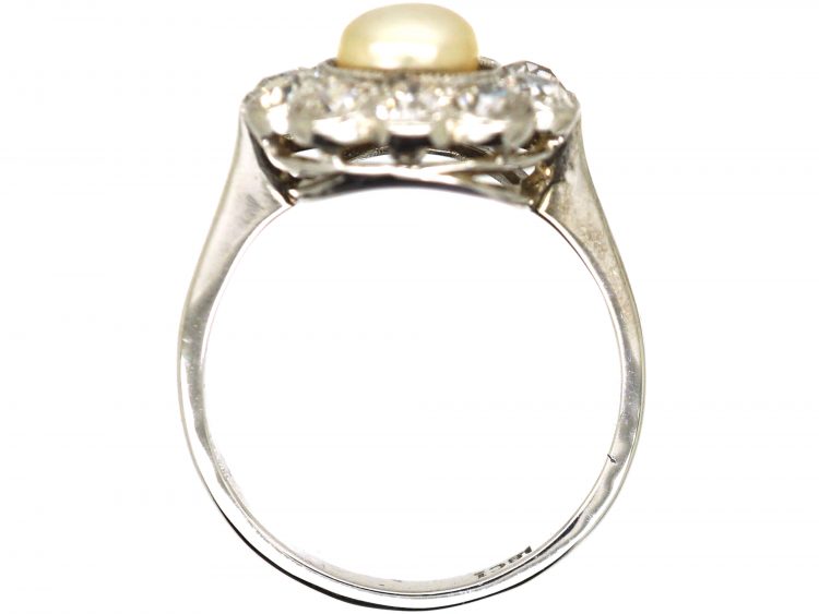 Edwardian 18ct White Gold, Natural Pearl & Diamond Cluster Ring