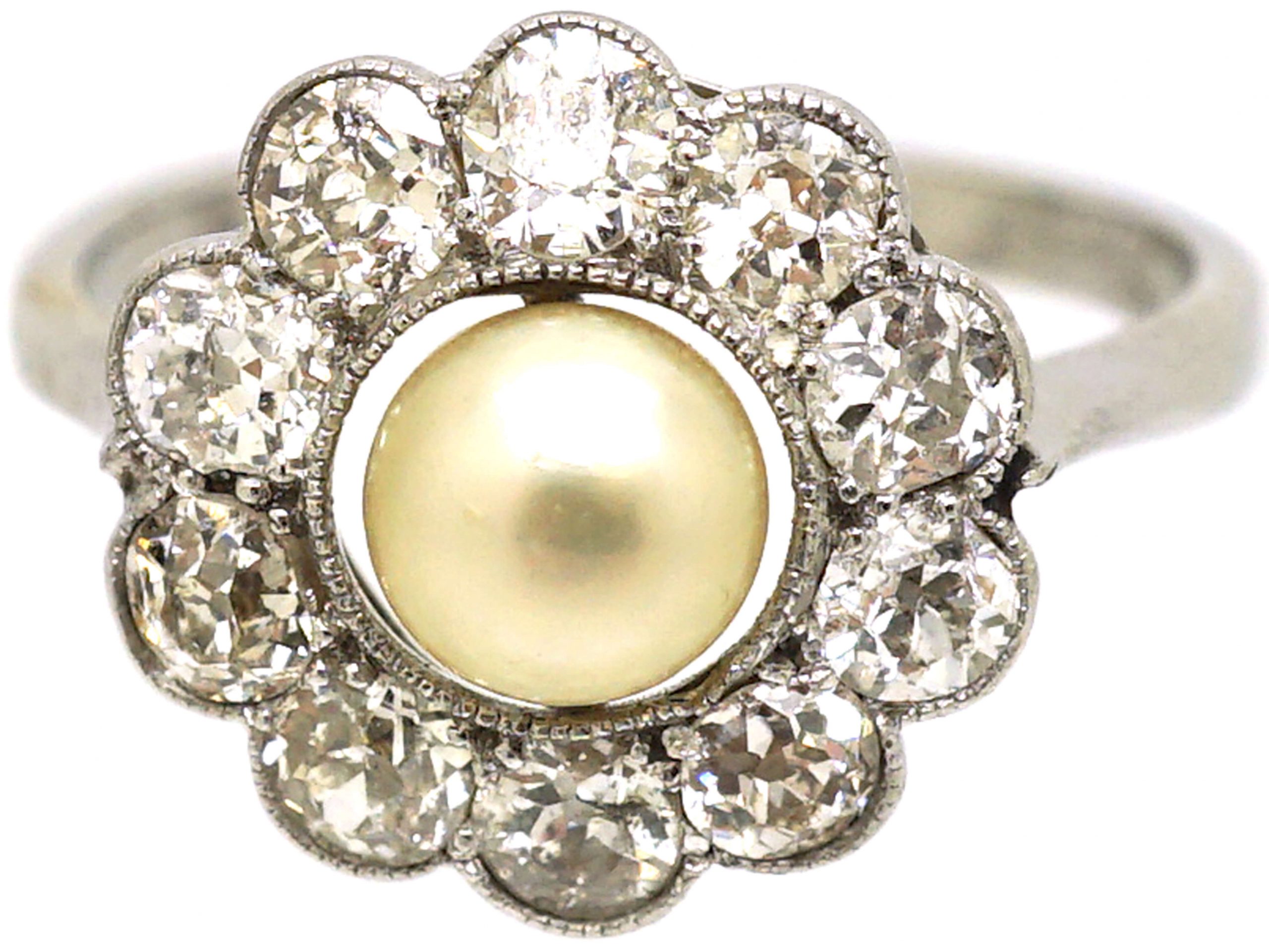 Edwardian 18ct White Gold, Natural Pearl & Diamond Cluster Ring (102W ...