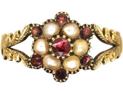 Georgian 15ct Gold Almandine Garnet & Natural Split Pearl Cluster Ring