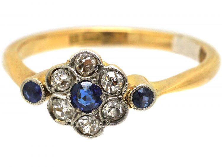 Edwardian 18ct Gold & Platinum, Sapphire & Diamond Daisy Cluster Ring with a Sapphire on Each Side