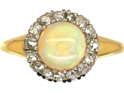 Edwardian 18ct Gold, Cabochon Opal & Diamond Ring
