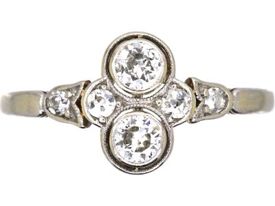 Early 20th Century 14ct Gold & Platinum, Two Stone Diamond Ring with Diamond Detail