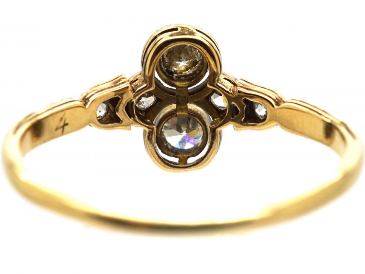 Early 20th Century 14ct Gold & Platinum, Two Stone Diamond Ring with Diamond Detail