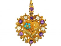 Georgian 18ct Gold Heart Shaped Forget Me Not Pendant set with Turquoise, Chrysolites & Amethysts