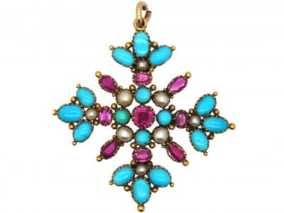 Georgian Ruby, Natural Split Pearl & Turquoise Pendant