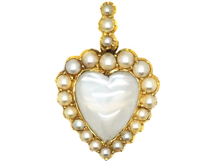 Edwardian 15ct Gold, Moonstone & Natural Split Pearl Heart Pendant