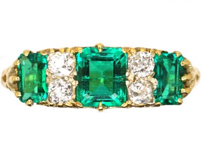 Victorian 18ct Gold, Emerald Three Stone Carved Half Hoop Ring with Diamonds In Between