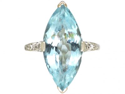 Platinum Ring by Boodles set with a Marquise Cut Aquamarine with Diamond Set Shoulders