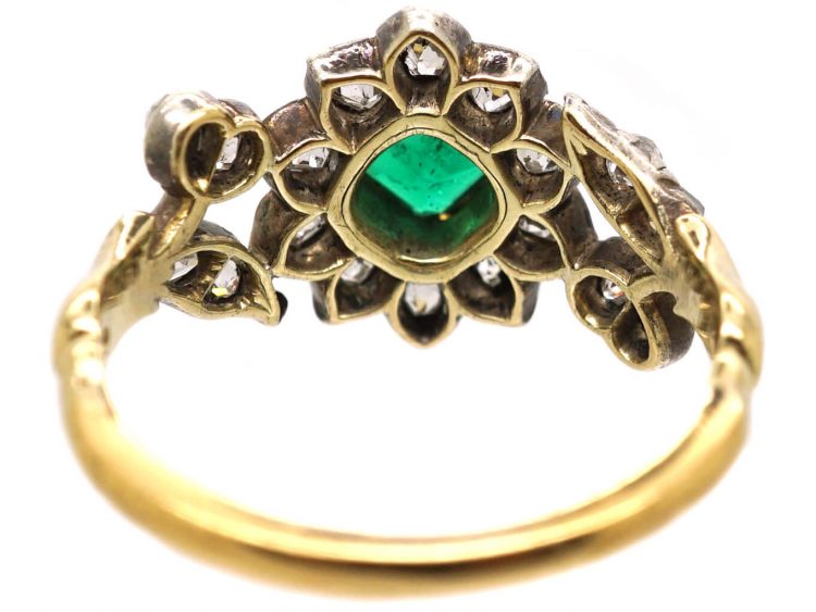 Georgian 18ct Gold & Silver Flower Ring set with an Emerald & Diamonds with Diamond Set Leaf Shoulders