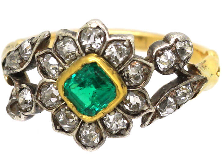 Georgian 18ct Gold & Silver Flower Ring set with an Emerald & Diamonds with Diamond Set Leaf Shoulders