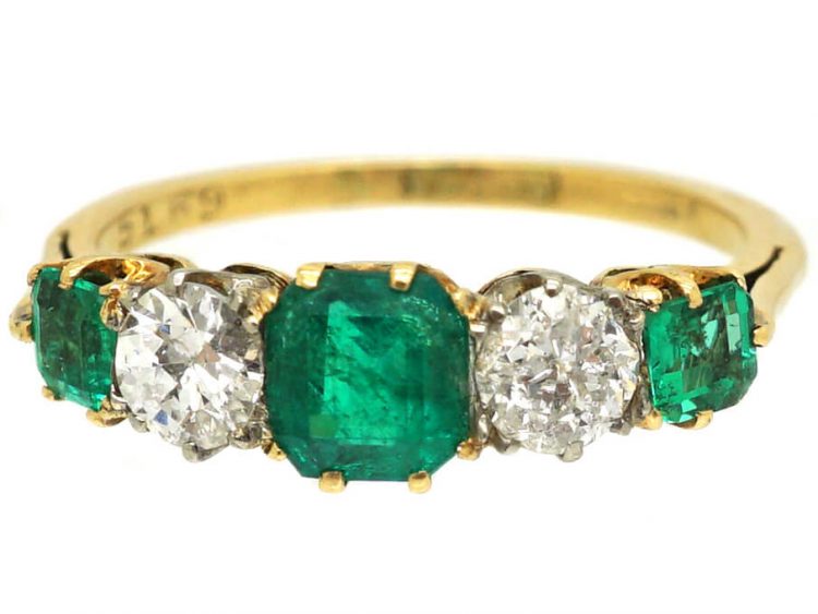 Edwardian 18ct Gold, Emerald & Diamond Five Stone Ring