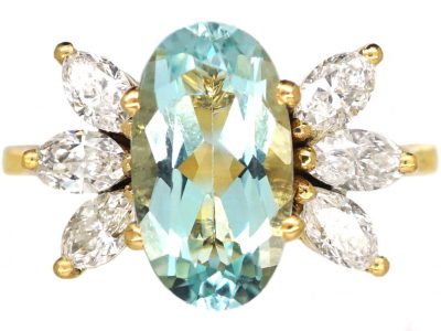 1950’s 18ct Gold, Oval Cut Aquamarine & Marquise Diamond Ring