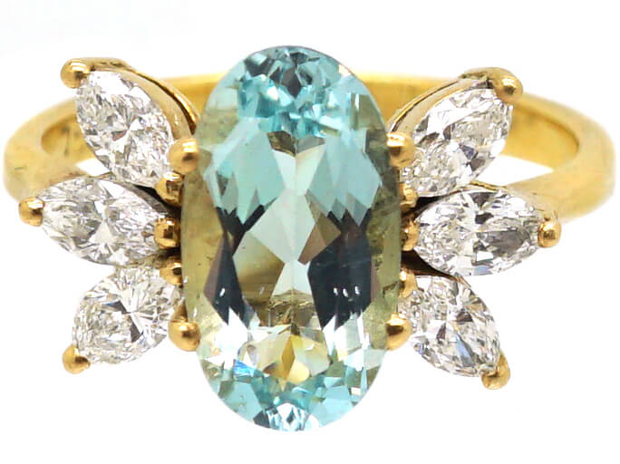 1950's 18ct Gold, Oval Cut Aquamarine & Marquise Diamond Ring