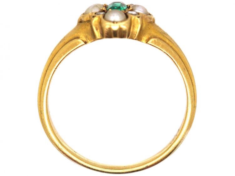 Early Victorian 18ct Gold, Emerald, Natural Split Pearl & Rose Diamond Ring