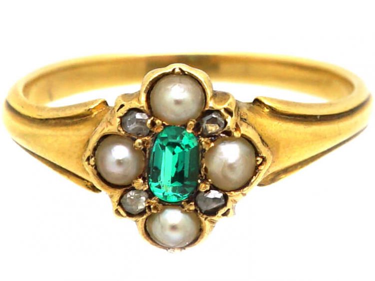 Early Victorian 18ct Gold, Emerald, Natural Split Pearl & Rose Diamond Ring